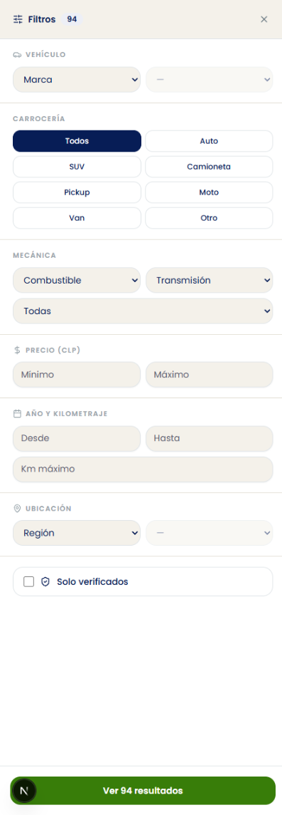 Panel de filtros