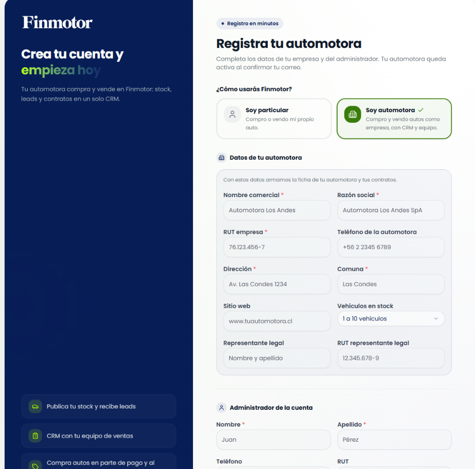 Registro con la opción Soy automotora