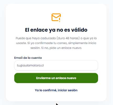 Enlace no válido, con opción de pedir uno nuevo
